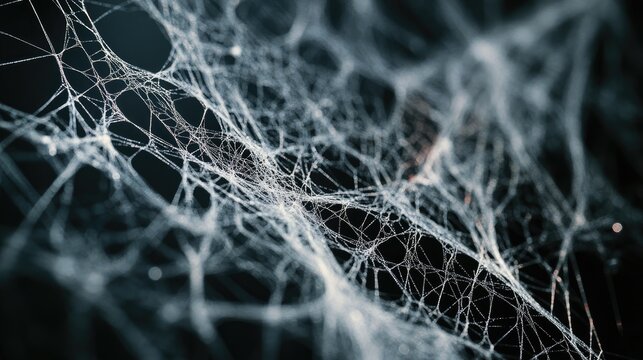 Artificial spider web decoration intricately woven with fine threads, highlighted against a dark background for a spooktacular Halloween aesthetic.