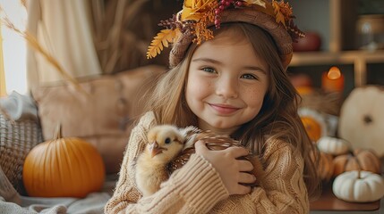 Little Girl Celebrating Thanksgiving, Holding a Small Turkey Plush Toy in a Handmade Feather Crown, Surrounded by Pumpkins and Candles in a Cozy Living Room, Dressed in Warm Autumn Clothes