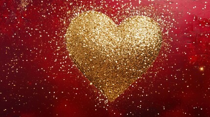 A gold glitter heart on a rich red background with shimmering particles.