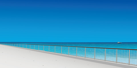 Seaside walkway in sunny day have blue sky background graphic illustration. Traveling in summer concept have blank space.