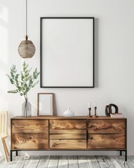 Minimalist interior design with a black frame on a white wall. a white vase with dried pampas grass. a wooden cabinet with two drawers. a light wood floor. and a hanging lightbulb