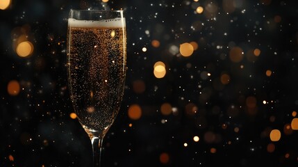 Elegantly sparkling champagne flute against a dark backdrop adorned with shimmering bokeh lights, perfect for festive celebrations with text space.