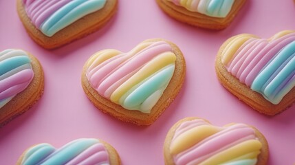 Heart-Shaped Cookies with Colorful Pastel Icing on a Soft Pink Background Ideal for Celebrations or Sweet Treats