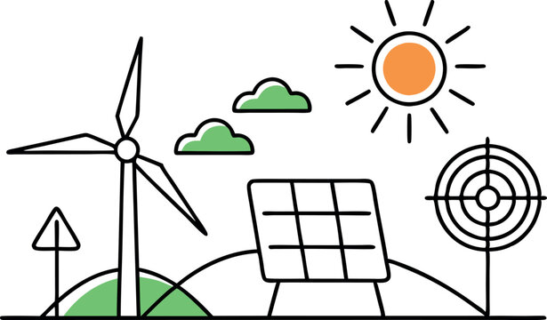 recommend clip art: solar energy and wind power concept, solar panel, line art vector illustration
