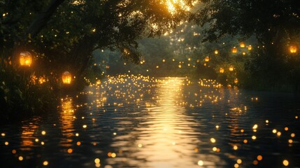 Naklejka premium A magical forest stream with floating lanterns at sunset.