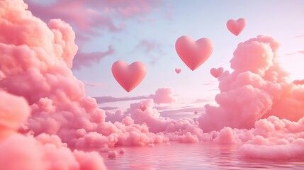 A whimsical design featuring heart-shaped clouds floating in a pink sky.