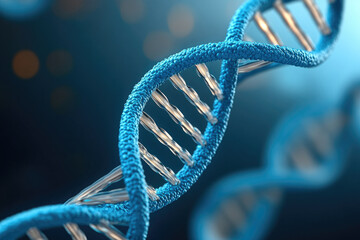 Blue DNA helix intertwined with genetic structures, vibrant abstract representation of biotechnology and genetic science concepts