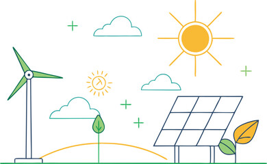 solar energy and wind power concept, solar panel, line art vector illustration