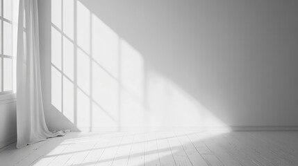 Fototapeta premium Bright minimalist white room showcasing wooden flooring, large window casting soft shadows, and abundant empty space suitable for diverse background applications.