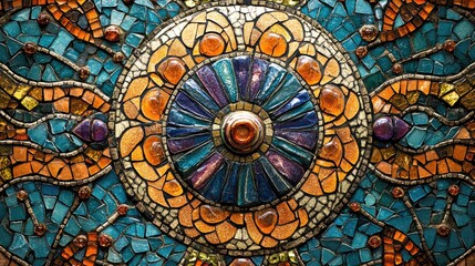 Vibrant close-up of an intricate mosaic tile design featuring vivid colors and detailed patterns, highlighting a circular centerpiece with radiant hues.