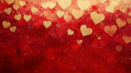 A sparkling red and gold Valentine's background with layered heart patterns.