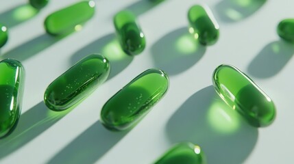 Green soft gelatin capsules arranged on a white surface, emphasizing their glossy appearance and reflecting light. Ideal for visualizing oily drug delivery systems.