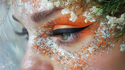 Fototapeta premium Close-up of a woman's eye adorned with intricate orange and silver makeup, featuring dramatic eyeliner and floral accents in her hair.