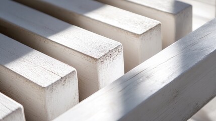 Close-up of white wooden planks illuminated by soft shadows highlighting rustic textures and minimalist design with natural aesthetic appeal