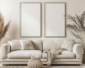 Minimalist living room interior with a beige sofa. two empty frames. a coffee table. and a vase with pampas grass