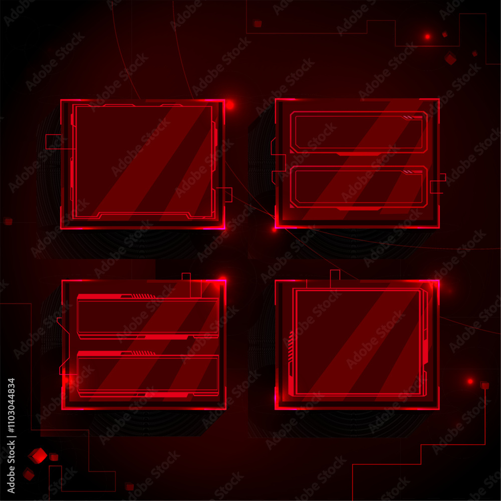 Poster sci fi notification frames with glowing red thin lines on dark background. connected by digital circ