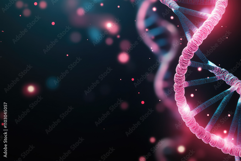 Poster digital particles intertwining with a dna spiral, illuminated in vibrant pink and blue hues against 