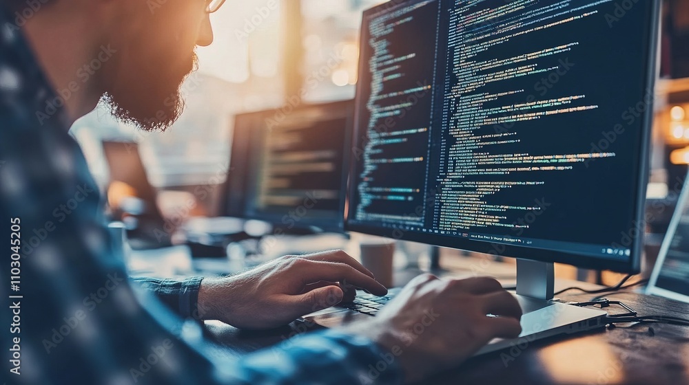 Poster programmer working on code in modern office setting at sunset