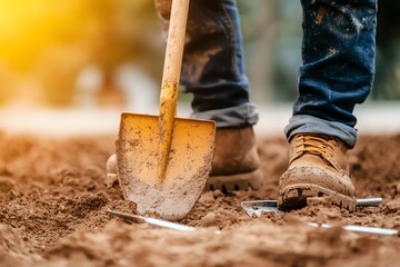 A person digging in soil with a shovel, wearing sturdy boots, in a natural outdoor setting during daylight.