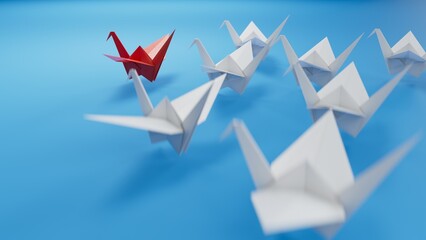Different business concept.new ideas. paper art style. creative idea.leader swan concept using red paper swan among white swans.3D rendering on blue background.