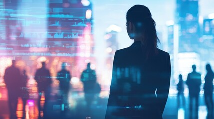 Professional woman in a white collar shirt stands in a futuristic office setting, gazing at a vibrant city skyline with digital elements, symbolizing innovation and ambition.