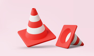 Red traffic cones icon on pink background. construction industrial accident prevention concept. sign symbol warning safety, Cartoon minimal cute smooth. 3d vector elements