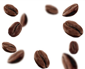 Scattered roasted coffee beans floating in various angles with motion blur effect. Flying sharp kernels and softly blurred on white background. Frame made from falling grains for coffee advertising.