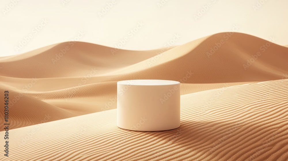 Poster minimalist podium seamlessly integrated into a desert landscape soft light and gentle curves of dune
