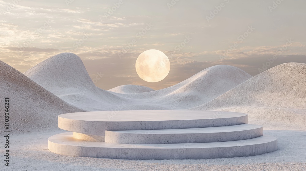 Poster minimalist podium seamlessly integrated into a desert landscape soft light and gentle curves of dune