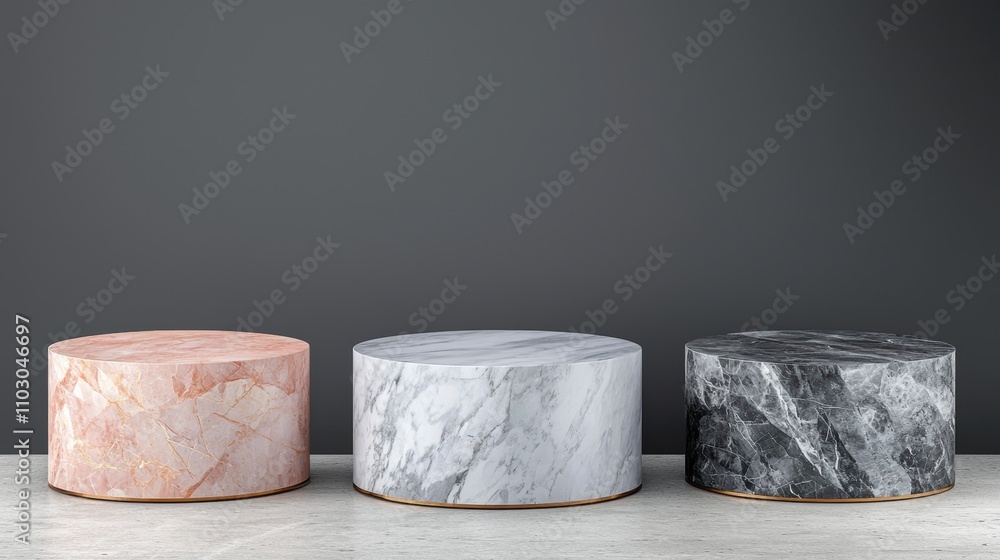 Poster natural stone podiums with unique patterns and earthy tones clean gray background highlighting simpl