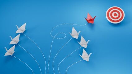 Red paper swan change direction from group hitting to target on blue background. Design for business creativity new idea to discovering new business options, Individual and unique leader. paper art. © feng