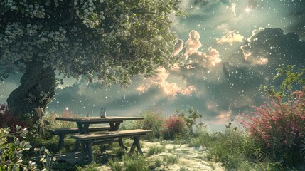 Obraz premium Celestial date night: outdoor table in a magical dates orchard, under a sky of ethereal fairy clouds 