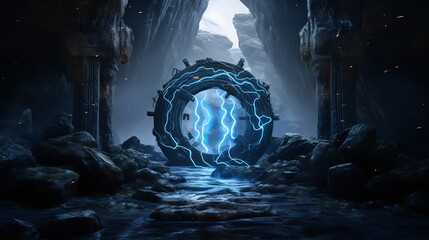 A magical portal surrounded by ancient runes glowing with a swirling blue light that radiates an otherworldly mystical energy