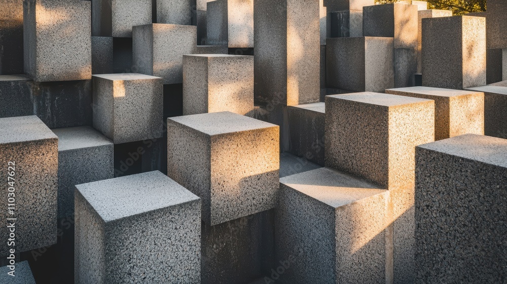 Poster rough textured stone blocks arranged symmetrically on a gray background minimalistic aesthetic blend