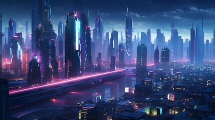 Breathtaking aerial view of a futuristic neon infused city filled with towering skyscrapers glowing architecture and flying vehicles hovering above the modern high tech urban landscape