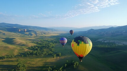 Obraz premium Hot Air Balloons Soaring Over Rolling Green Hills and Mountains