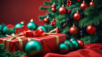 Christmas flatlay with pine branches, red and green baubles, and holiday gift packages