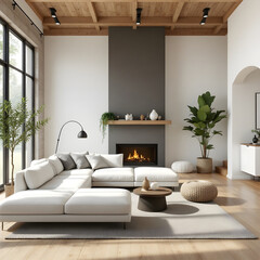 Modern living room with white sectional sofa and fireplace