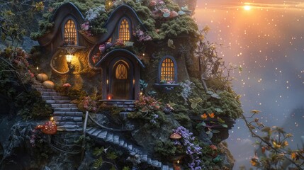 Obraz premium Celestial fairy home: ethereal doll villa with outdoor stairs and a heavenly fairy sky