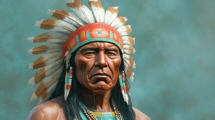 Obraz premium Portrait of a native american elder with traditional feather headdress and beads