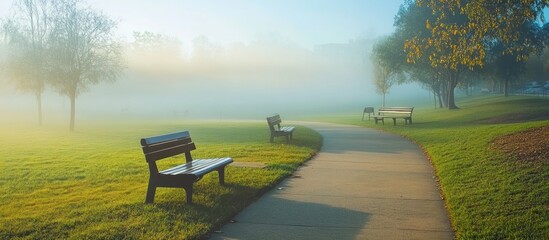 A winding pathway through a foggy park with benches lining the way.