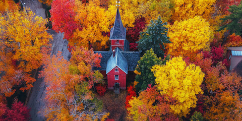 Top down view of red church in Vermont New Hampshire Maine Connecticut fall autumn yellow orange red trees