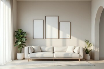 A serene and minimalist living room with textured stucco walls in a calming neutral tone