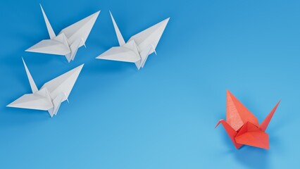 Different business concept.Red paper swan changing direction from white paper swan. new ideas. paper art style. creative idea.3D rendering on blue background.