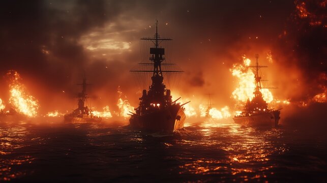Naval Battle Amidst Explosions and Fire - made with Generative AI