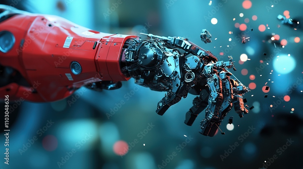 Poster futuristic robotic hand reaching out with abstract particles floating
