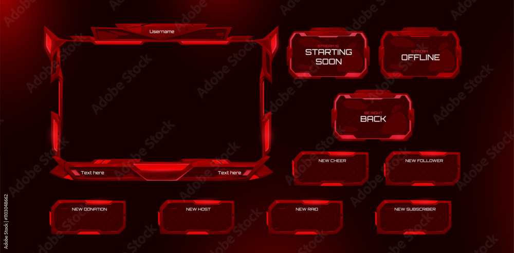Poster game stream ui borders set isolated on black background. vector realistic illustration of red frames