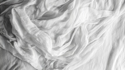 Top-down view of an unmade white bed with soft wrinkled sheets and pillows minimalist design emphasizing comfort and relaxation