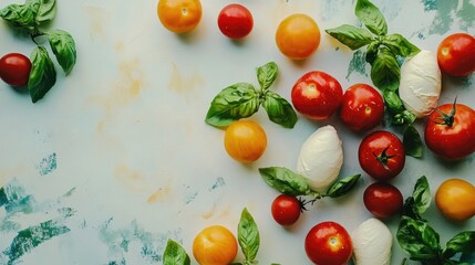 Fresh mozzarella cheese, assorted vibrant tomatoes, and fragrant basil leaves artfully arranged on a white surface, captured from above.