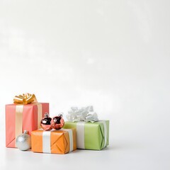 A luxurious holiday shopping scene featuring elegantly wrapped gifts in rich colors, adorned with satin ribbons and glittering ornaments. The background is a pristine white, emphasizing the opulence